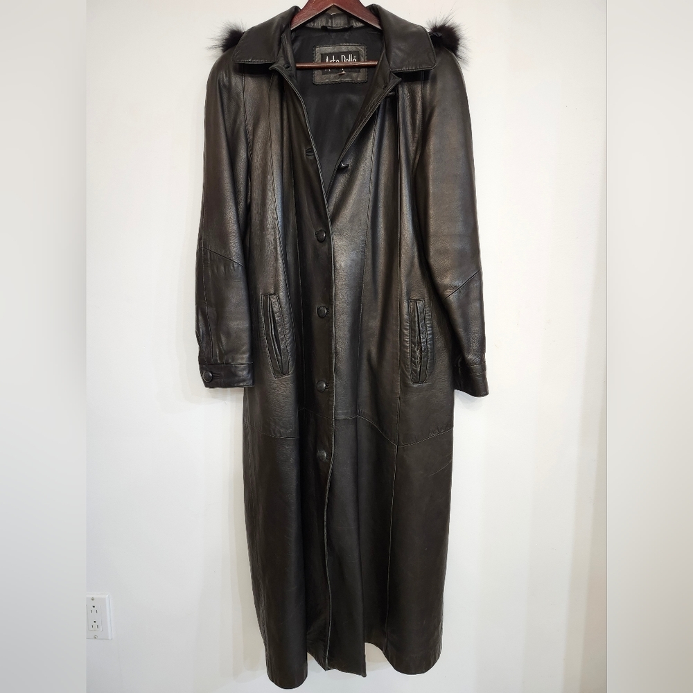 Vintage Arte Pelle Long Leather Trench Coat with Detachable Fox Fur Trimmed Hood